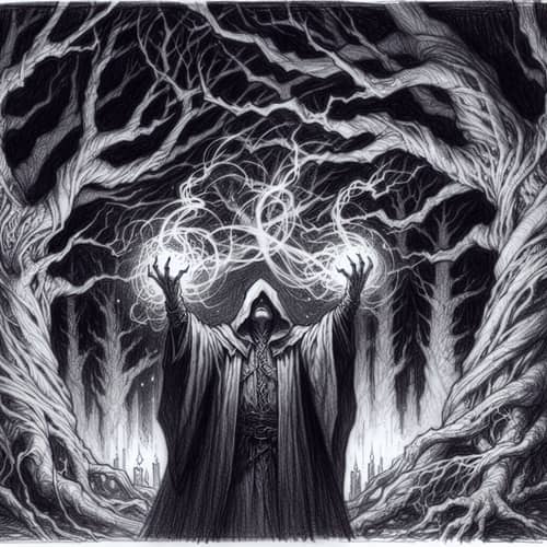 Pencil Sketch of a Dark Warlock in the Forest