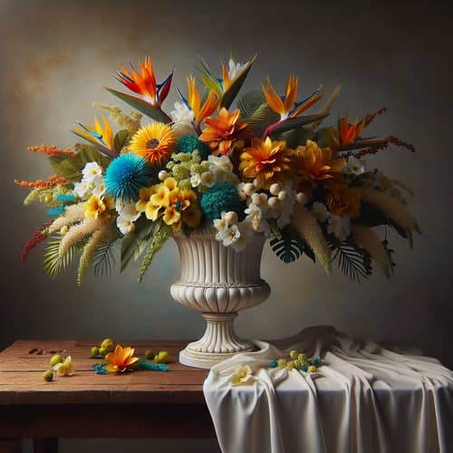 Tropical Flower Still Life Painting | Yellow, Orange, Red & Blue Flowers in White Vase