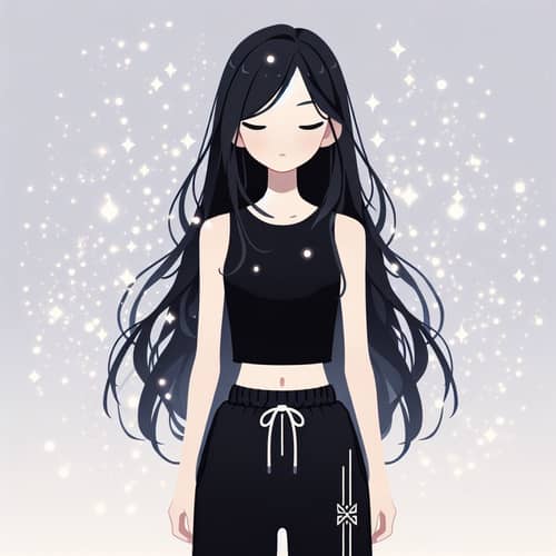 Flat Geometric Illustration of Japanese Girl with Long Black Hair