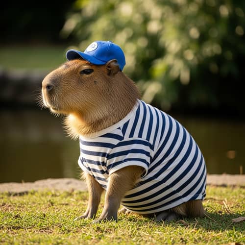 Capybara in Cap and Shirt: A Unique Look