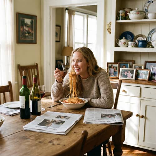 Jennifer Lawrence Enjoys Pasta at Dining Table Jennifer Lawrence Enjoys Pasta at Dining Table