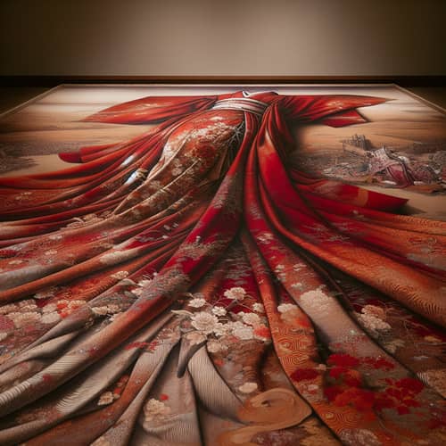 Traditional Japanese Kimono: Vibrant Vermillion Red Fabric Details
