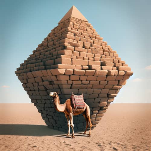 Upside-Down Stone Pyramid with Camel in Serene Desert Landscape