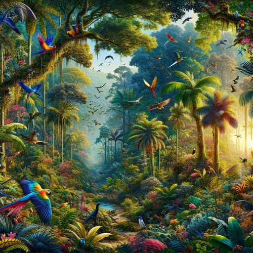 Vibrant Jungle Scene | Lush Flora & Colorful Birds