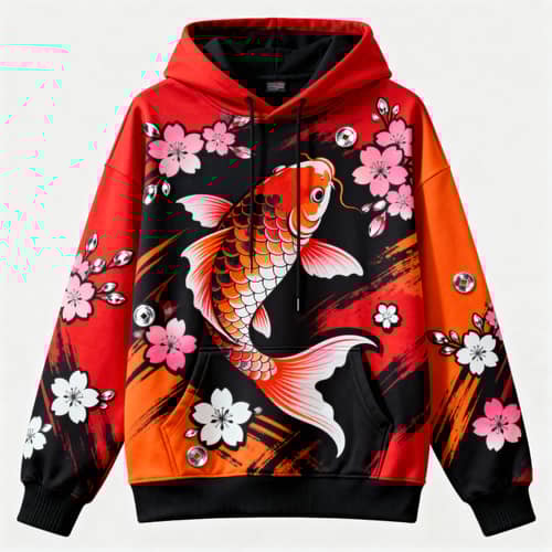 Japanese Streetwear Hoodie - Koi Fish & Cherry Blossoms