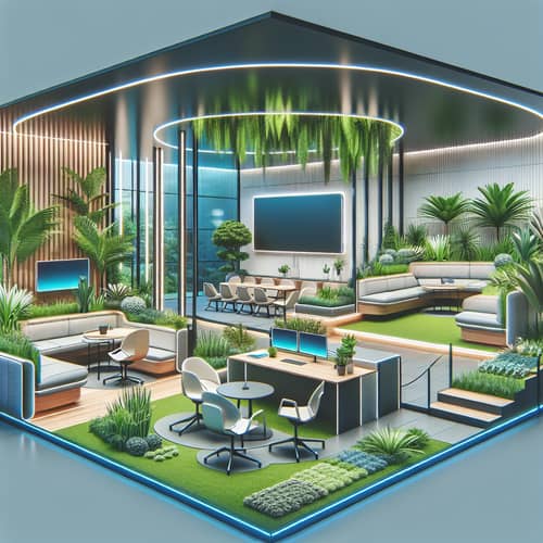 Futuristic Office Breakout Area Design with Table, Chair, Screen, Sofa, and Plants