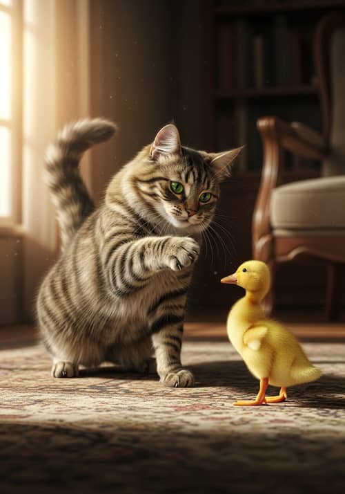 Adorable Cat Plays with Duckling