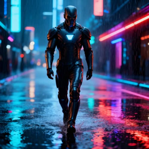 Mysterious Man in Neon Rainy City - Cyber Aesthetic Mysterious Man in Neon Rainy City - Cyber Aesthetic