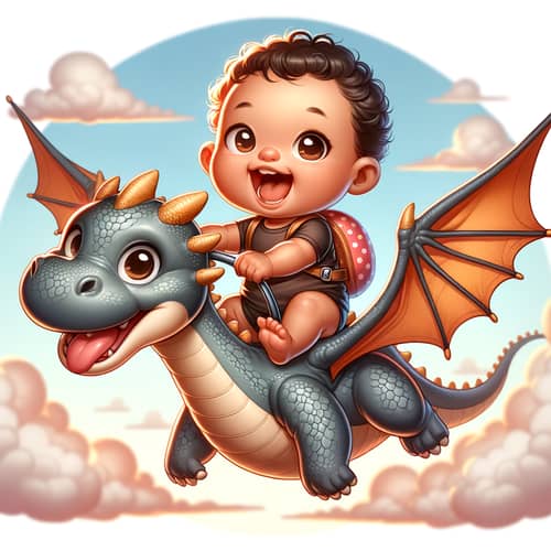 Adorable Infant Riding Flying Dragon | Illustration