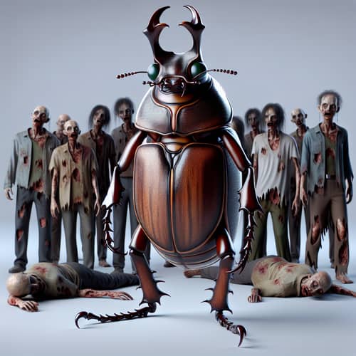 Beetle Man vs Zombies: Spooky and Fantastical 3D Scene