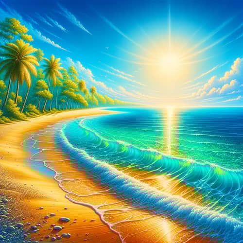 Serene Beach Scene with Azure Waves & Palm Trees