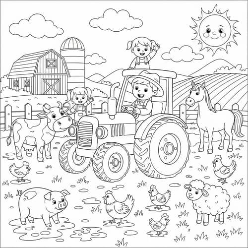 Farm Coloring Book with Tractors and Animals for Kids