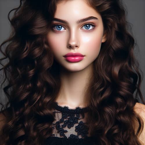 Brunette with Long Curls and Dark Blue Eyes in Black Lace Dress