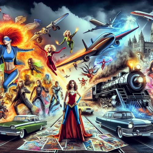 Dynamic Superhero Gathering with Flaming Red-Haired Girl and Unique Costumes
