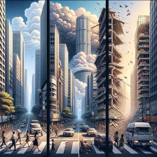 Urban City Before, During & After Earthquake - Dramatic Triptych