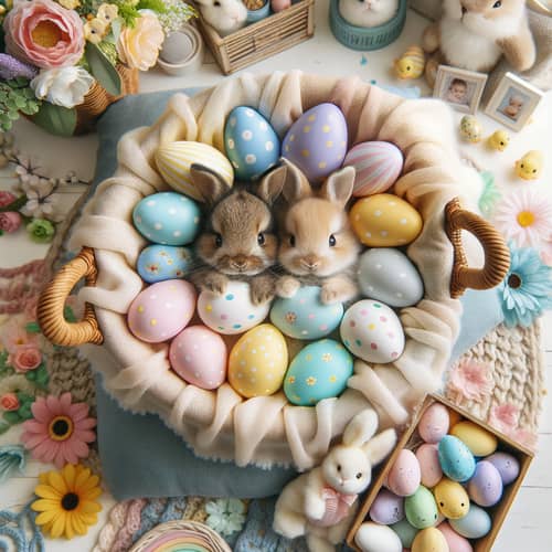 Baby Easter Photography Background with Quaint Basket, Bunnies, and Easter Eggs
