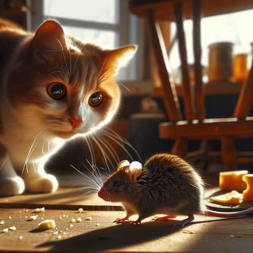 Adorable Cat and Brave Mouse Encounter in Rustic Kitchen