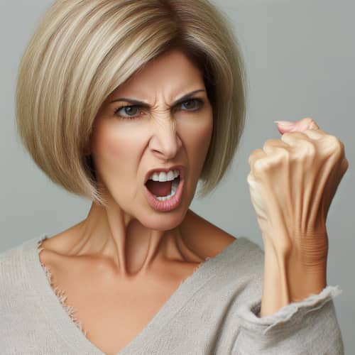 Middle-Aged Woman with Short Blonde Bob Hairstyle Expressing Anger