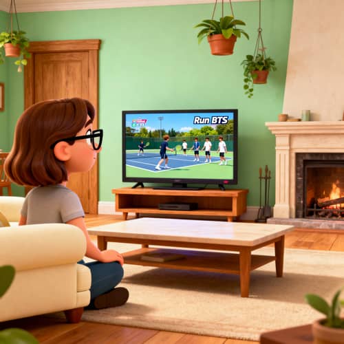 Cozy Home Moment: Young Woman Watching BTS TV Show Cozy Home Moment: Young Woman Watching BTS TV Show