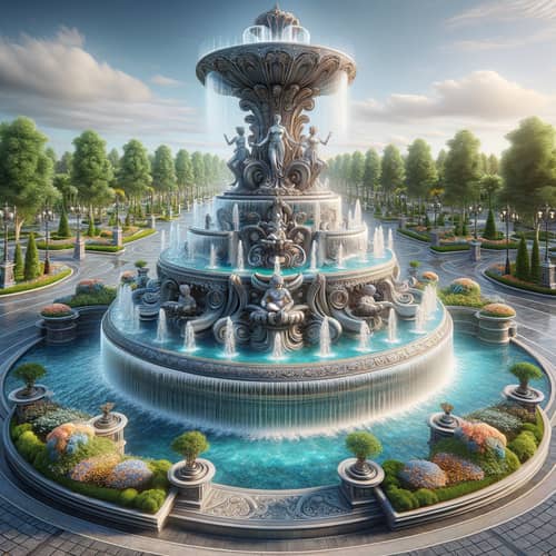 Soothing Large Water Fountain with Statues and Cascading Water