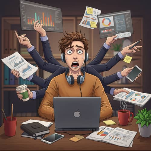 Overwhelmed Man Juggles Tasks in Anime Style