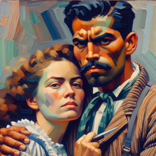 Hispanic Man Embracing Caucasian Woman - Romantic Oil Painting