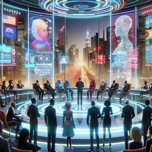 Futuristic Political Environment: Diverse Politicians and Holographic Billboards