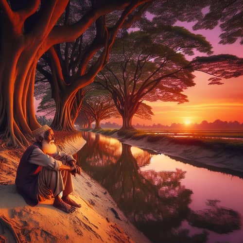 Tranquil South Asian Farmer Watching Sunset by Creek