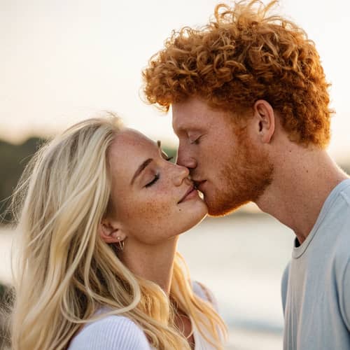 Blonde Woman Kissing Redheaded Man - Romantic Moment