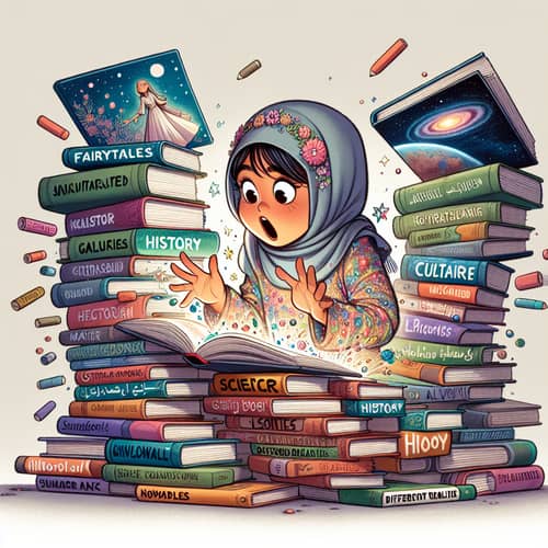 Curious Middle-Eastern Girl Diving into Vibrant Books