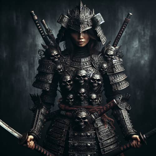 Warrior Girl with Skulls and Armor: Strength & Resilience