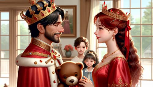 Middle-Aged King and Queen Kiss at Home with Children - Royal Encounter