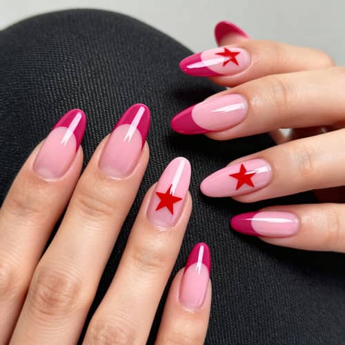 Stylish Pink Almond Shaped Nails with Red Star Design Stylish Pink Almond Shaped Nails with Red Star Design