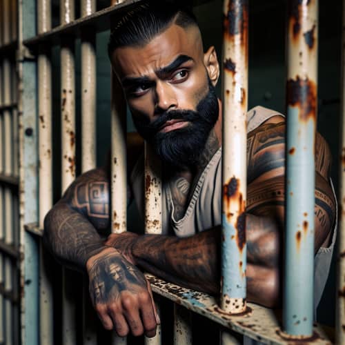 Notorious Prisoner Behind Bars: Solemn South Asian Male in Old Prison Cell