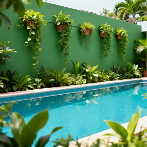 Green Wall with Pot Plants by Pool Area Green Wall with Pot Plants by Pool Area