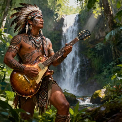 Indigenous Warrior with Les Paul Guitar in Rainforest Indigenous Warrior with Les Paul Guitar in Rainforest