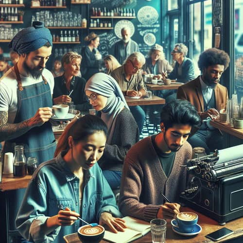 Vibrant Café Scene with Diverse Customers and Crafted Coffee