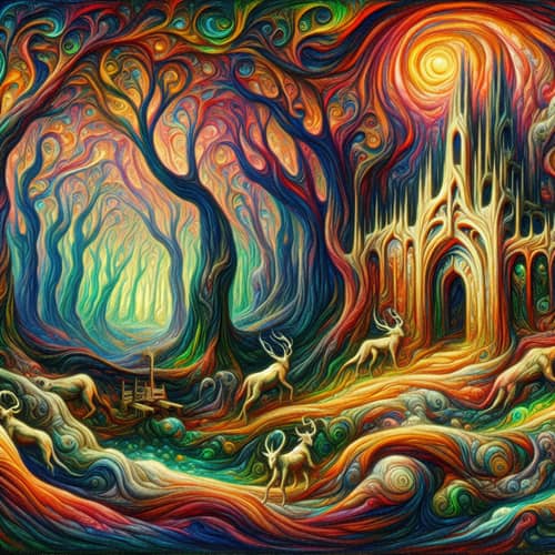 Supernatural Woodland Shrine with Mystic Creatures - Surrealist Art