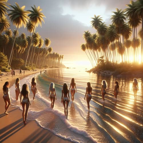 Exquisite Realism: Diverse Women in Crystal Clear Water on a Palm Beach