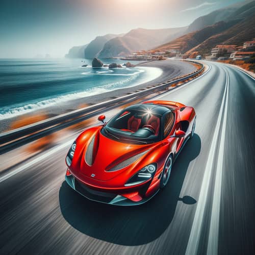 Vibrant Red Sports Car on Coastal Road - Automotive Genre