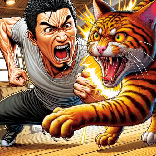 Intense Battle: Angry Cat vs Enraged Man - Digital Illustration