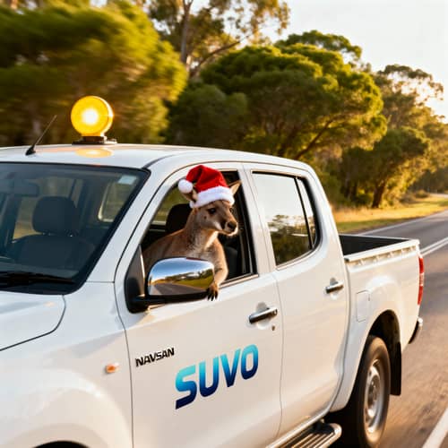Kangaroo in Santa Hat Driving Ute | Festive Scene Kangaroo in Santa Hat Driving Ute | Festive Scene