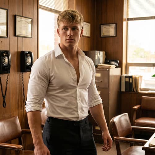 20-Year-Old Male Bodybuilder in Retro Office Portrait