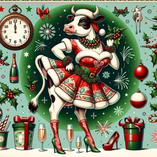 Whimsical Cow in Vintage Pin-Up Outfit | New Year Festive Scene