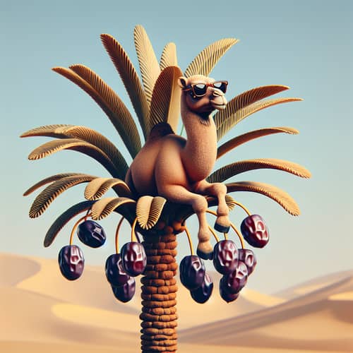 Trendy Sunglasses Wearing Camel on Date Palm | Desert Scene