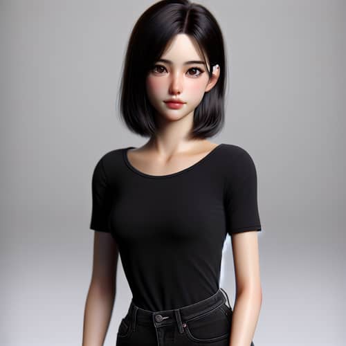 Realistic Image of Slender Girl with Black Hair and Brown Eyes