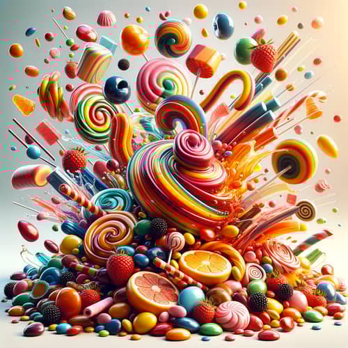 Vibrant Candy and Fruit Arrangement in Motion