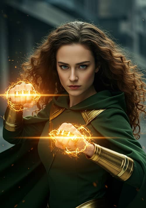 Smart Superheroine with Golden Finger Rings