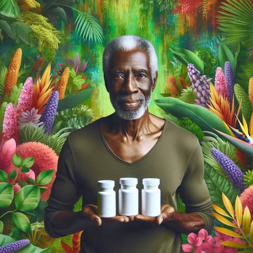 Elderly Black Man with Supplement Bottles in Lush Jungle