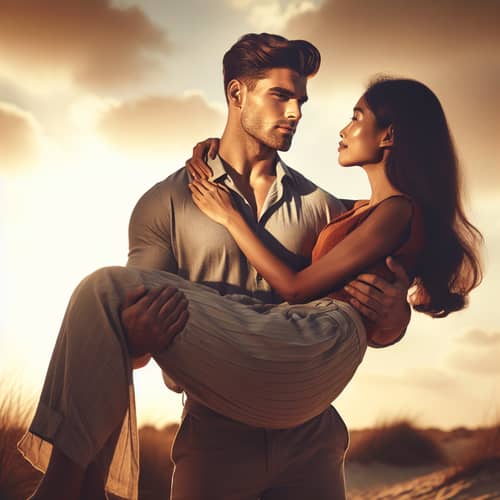 Romantic Sunset Scene with a Strong Sigma Male Carrying a Woman